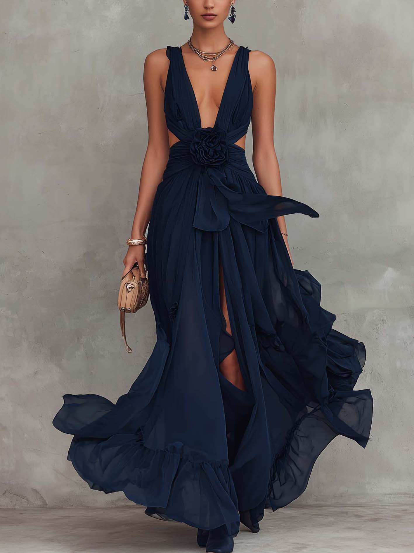 Navy Chiffon Cut-Out Waist 3D Floral Maxi Dress