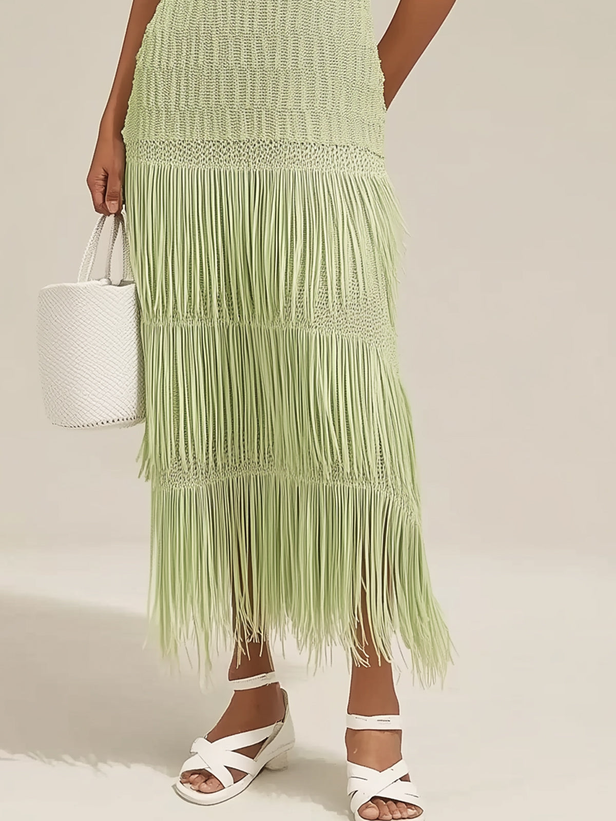 Light Green Knit Maxi Dress With Fringe Trim