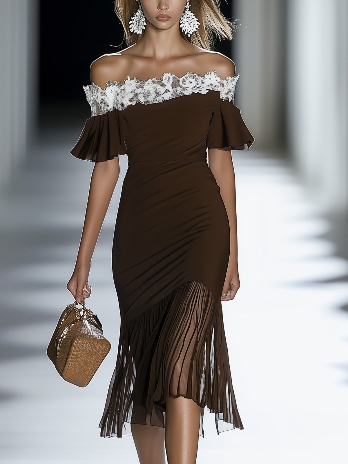 Elegant Chocolate Off Shoulder Dress With Lace And Pleated Hem