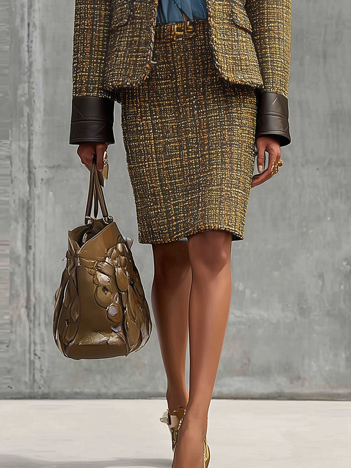 Brown Classic Textured Tweed Skirt Set