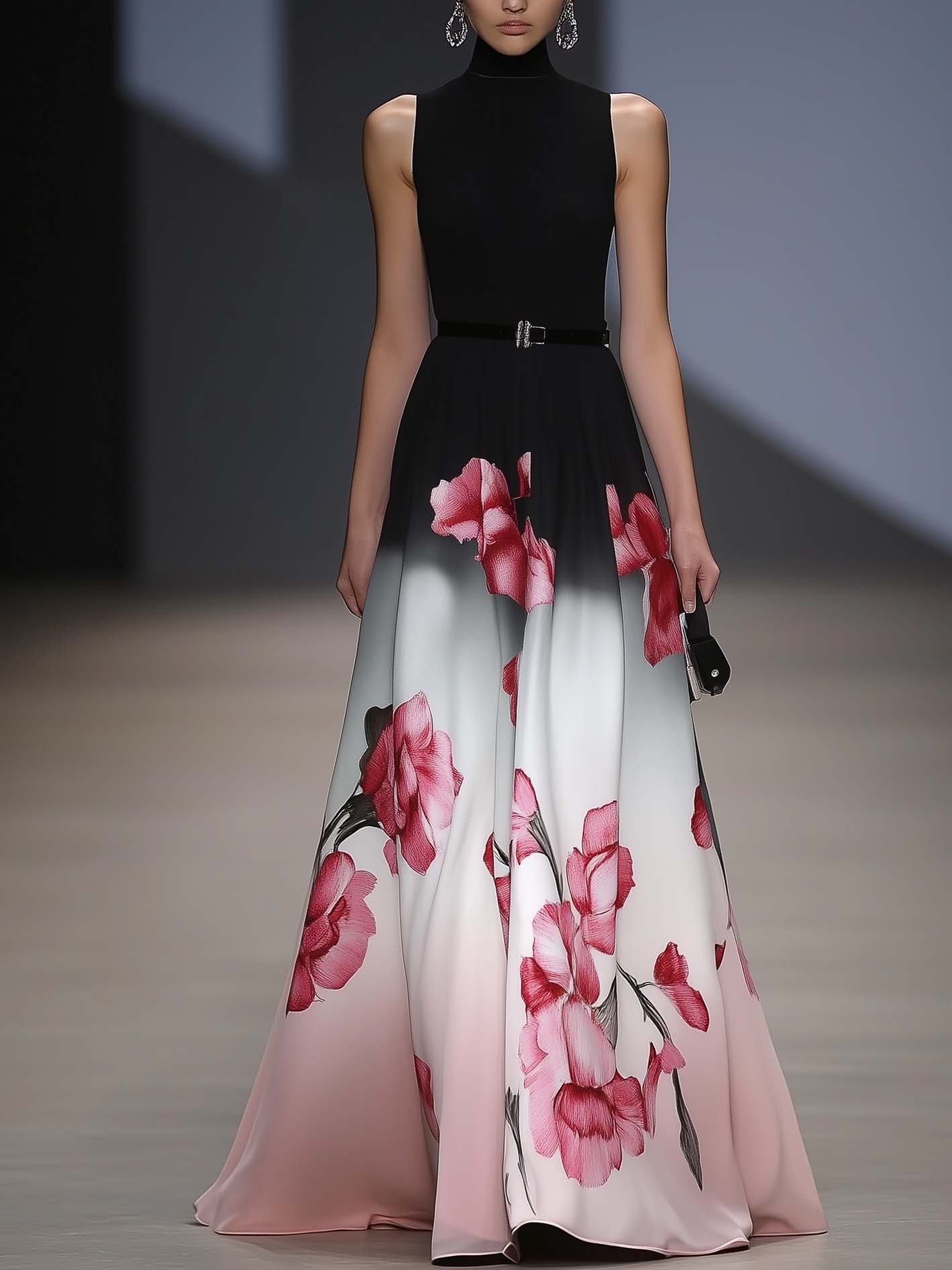 Black Maxi Dress With Pink And Floral Gradient Satin Knit Patchwork