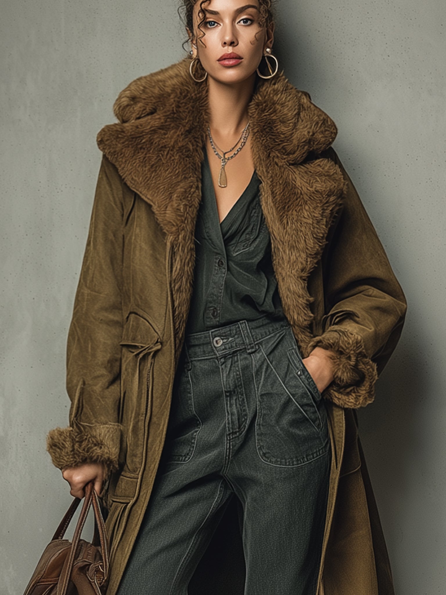 Olive Green Vintage Faux Suede Long Coat With Eco Friendly Fur Collar