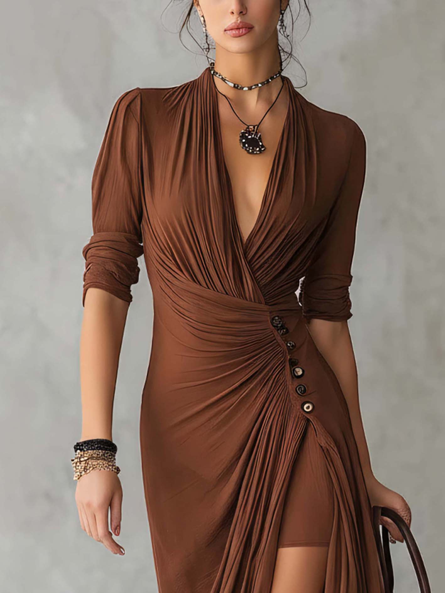 Brown Cotton Linen V-Neck Buttoned Maxi Dress