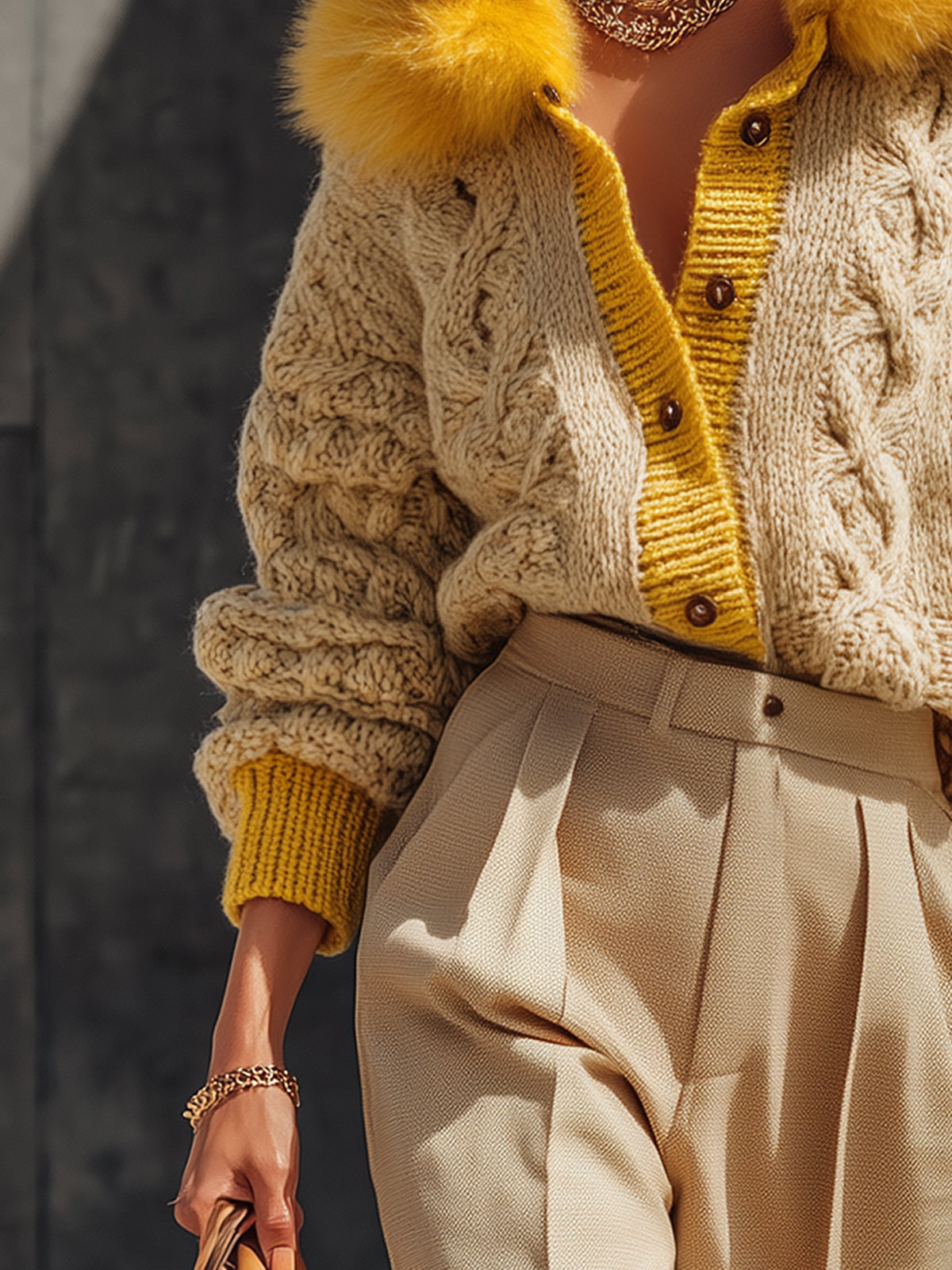 Beige Chunky Knit Fur Collar Cardigan