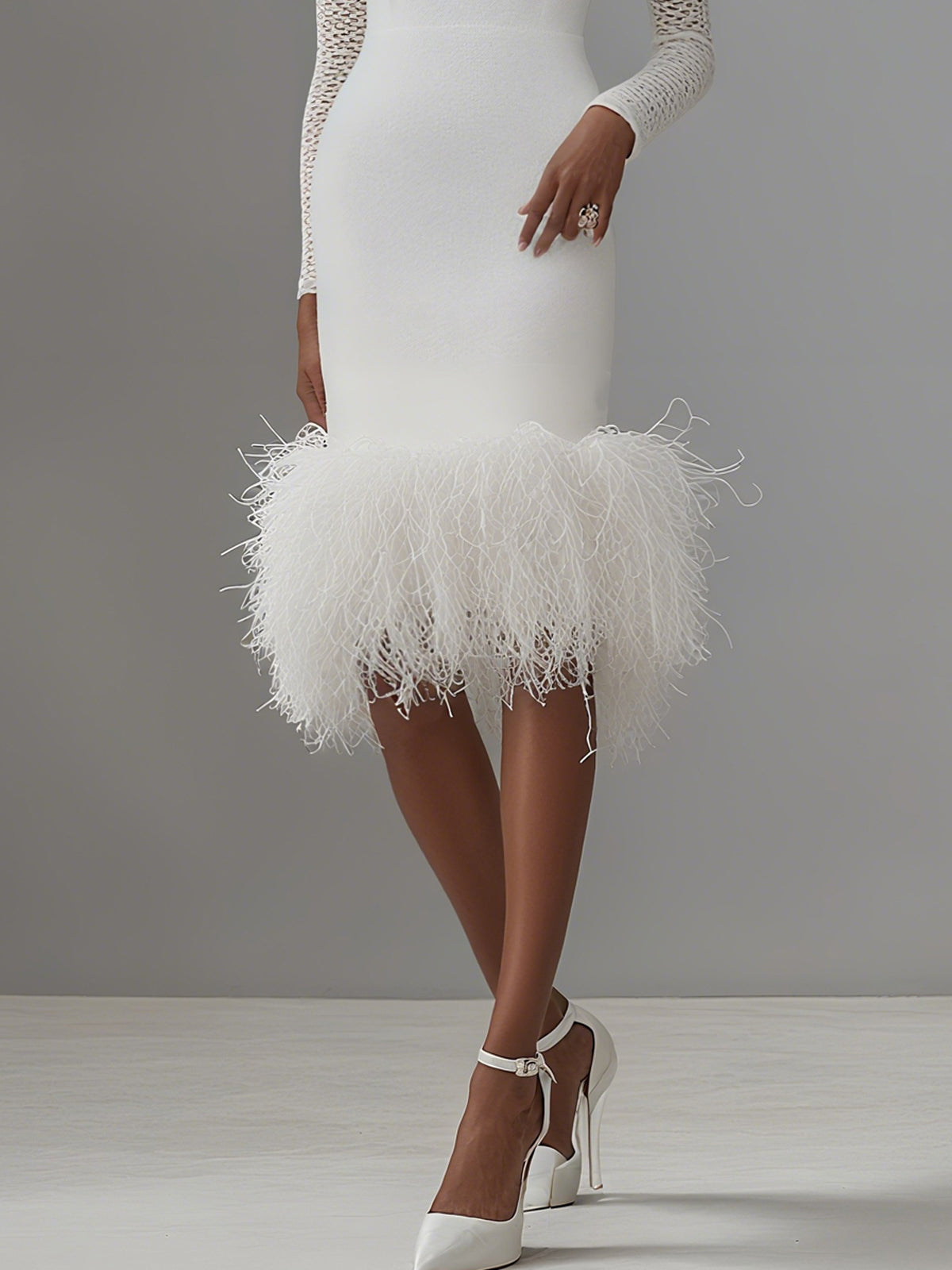 White Feather Hem High Neck Long Sleeve Midi Dress