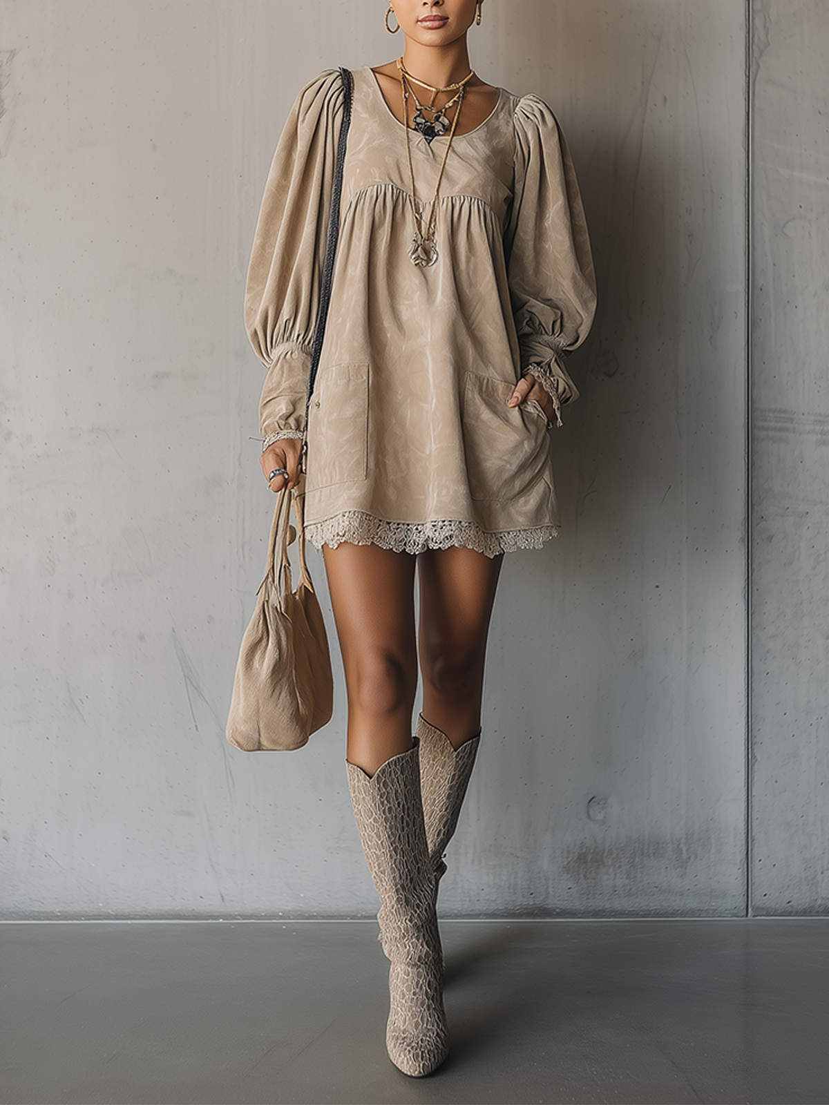 White Faux Suede Puff Sleeve Lace-Trim Mini Dress