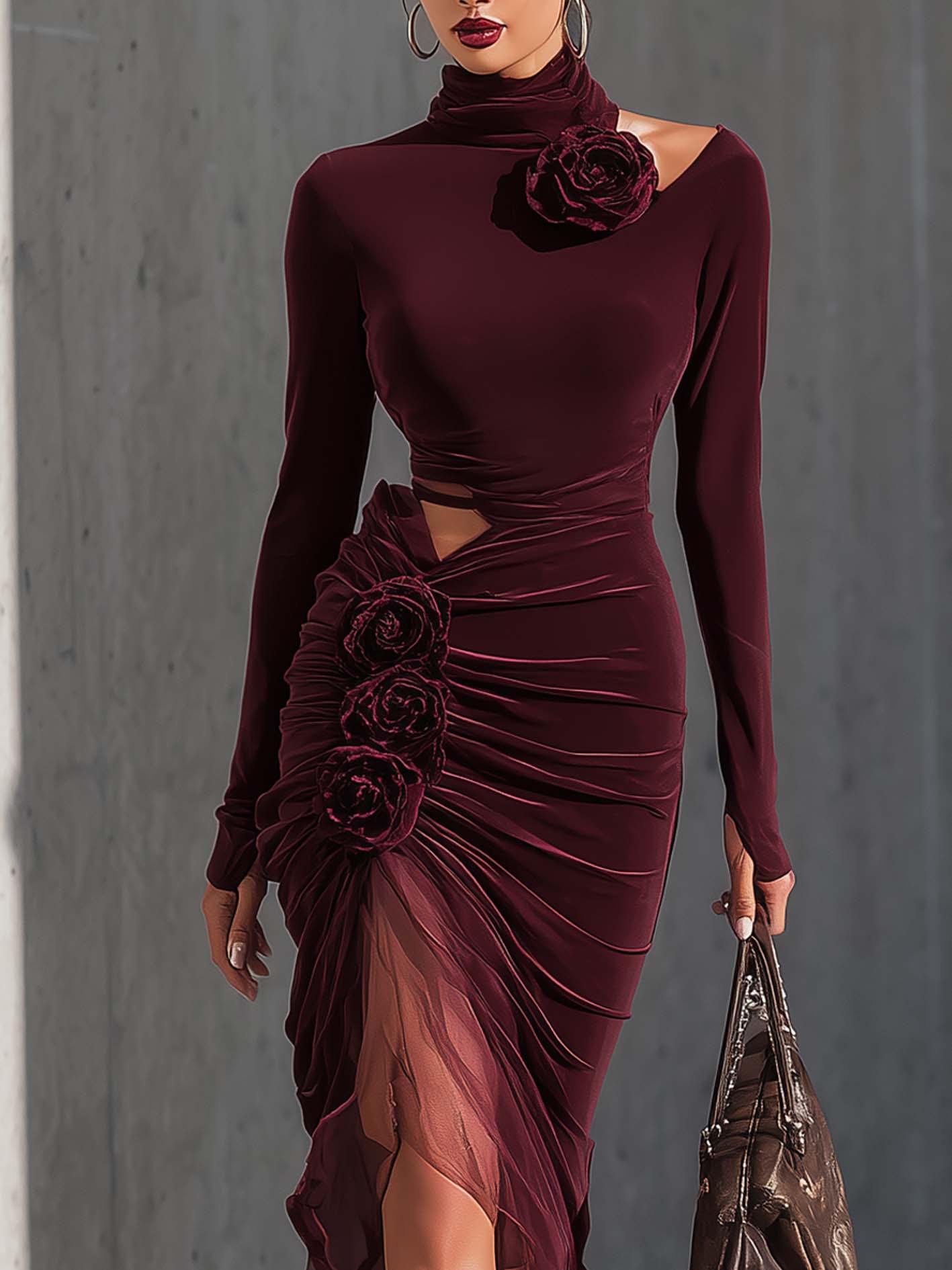 Burgundy Velvet Bodycon Dress 3D Flower With Organza Patchwork