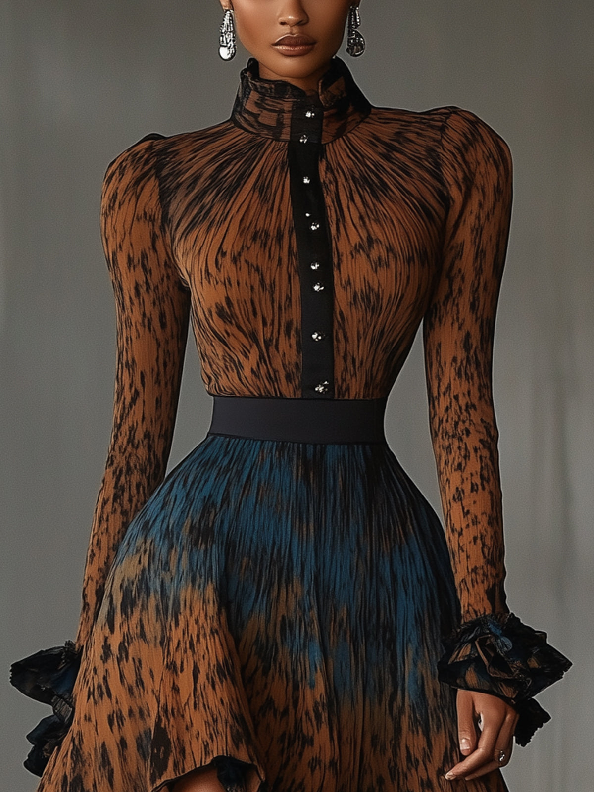 Brown And Blue Gradient Ruffled High Collar Skater Dress