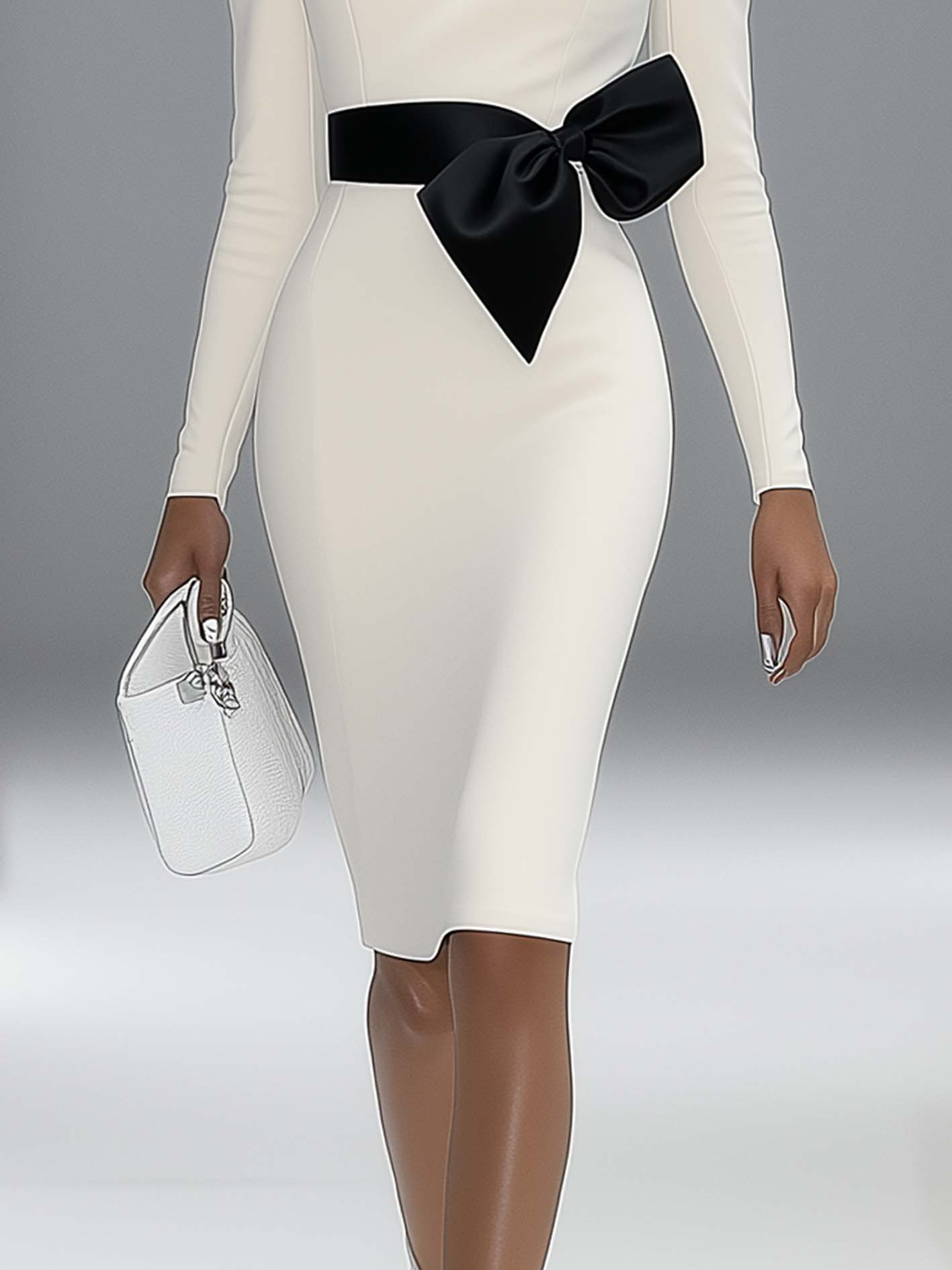 White Midi Bodycon Dress With Slanted Neckline And Black Bow Belt