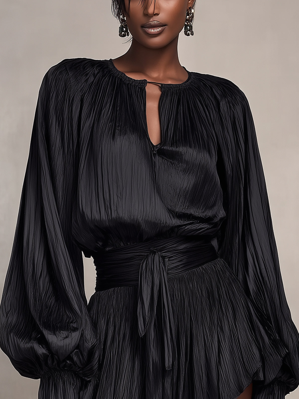 Black Pleated Long Sleeve Mini Dress With Belted Waist And Keyhole Neckline