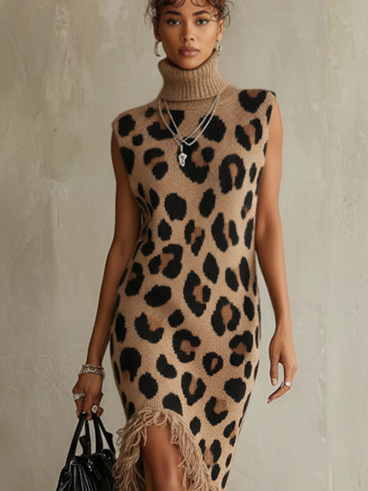 Brown Leopard Print Sleeveless Turtleneck Midi Dress With Fringe