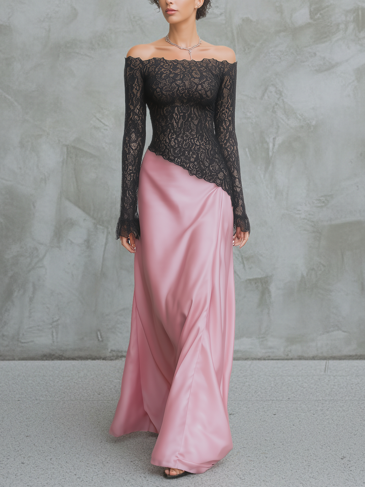 Black Lace Off-Shoulder Satin Contrast Evening Gown