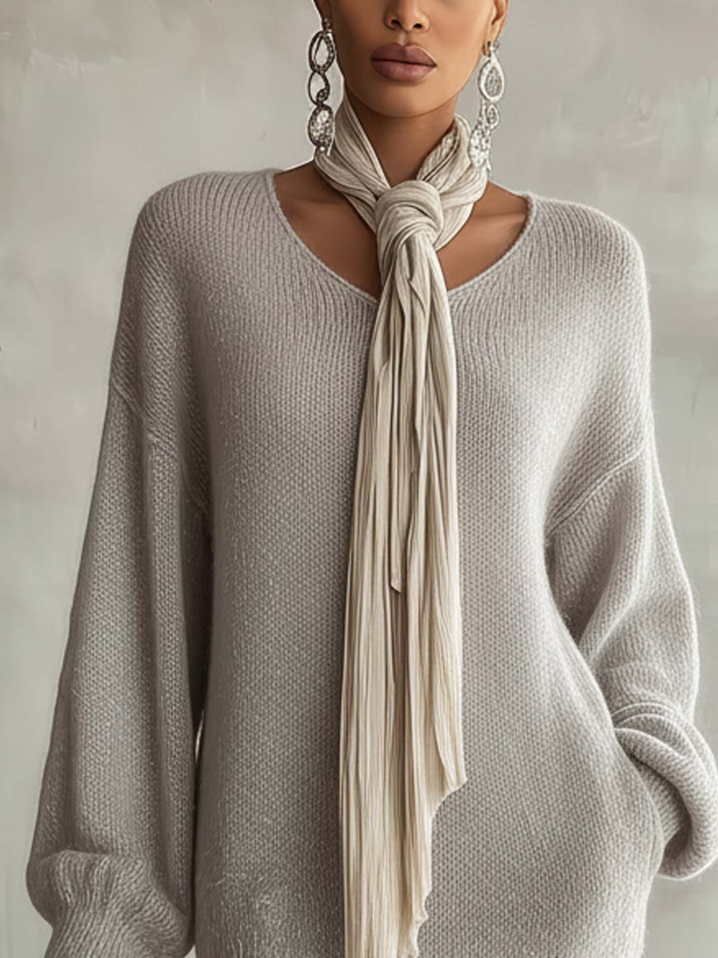 Soft Gray Long Sleeve Knit Mini Dress With Lace Hem Patchwork