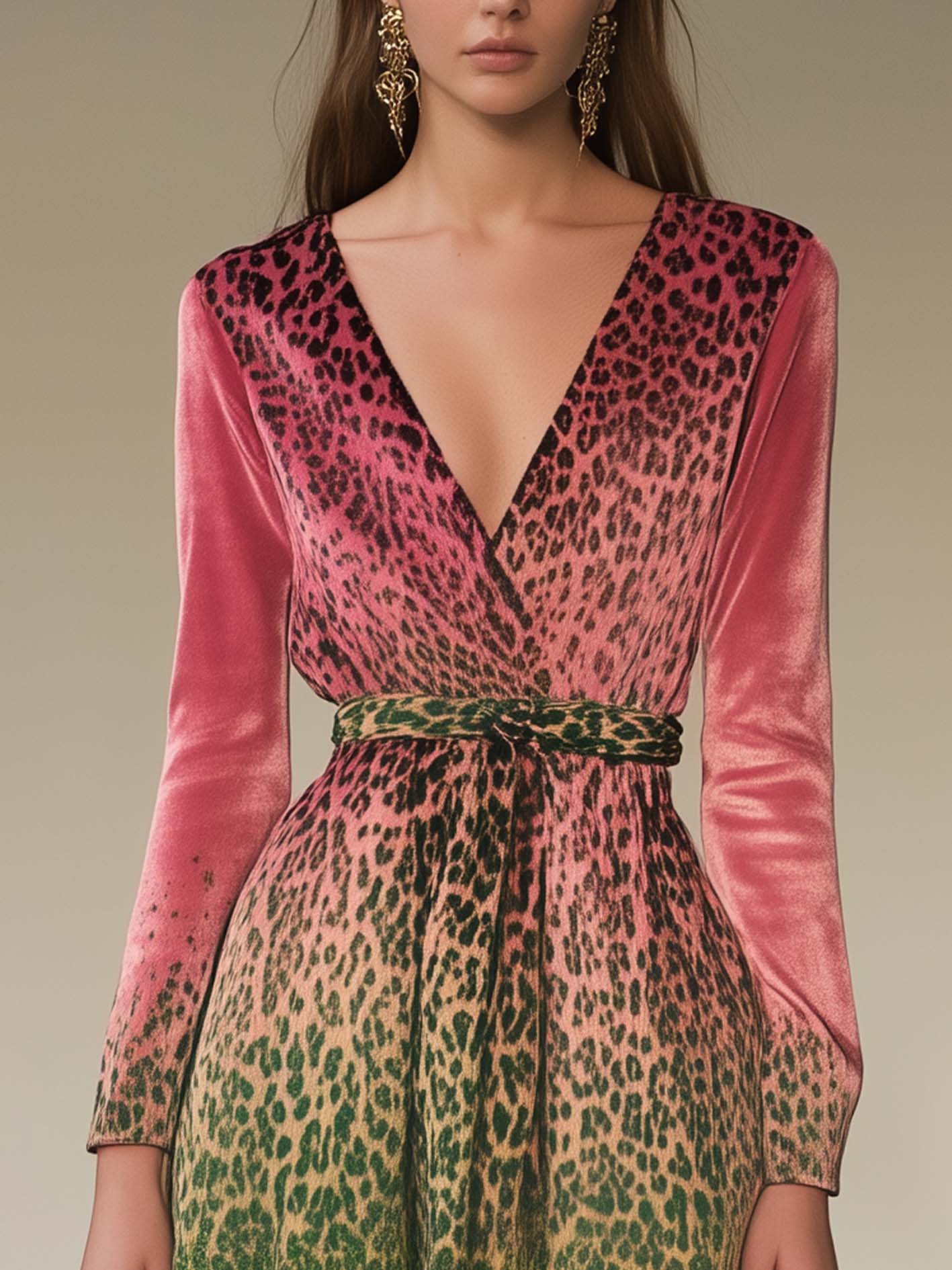 Pink Velvet Mini Dress With Green Leopard Print And Belt