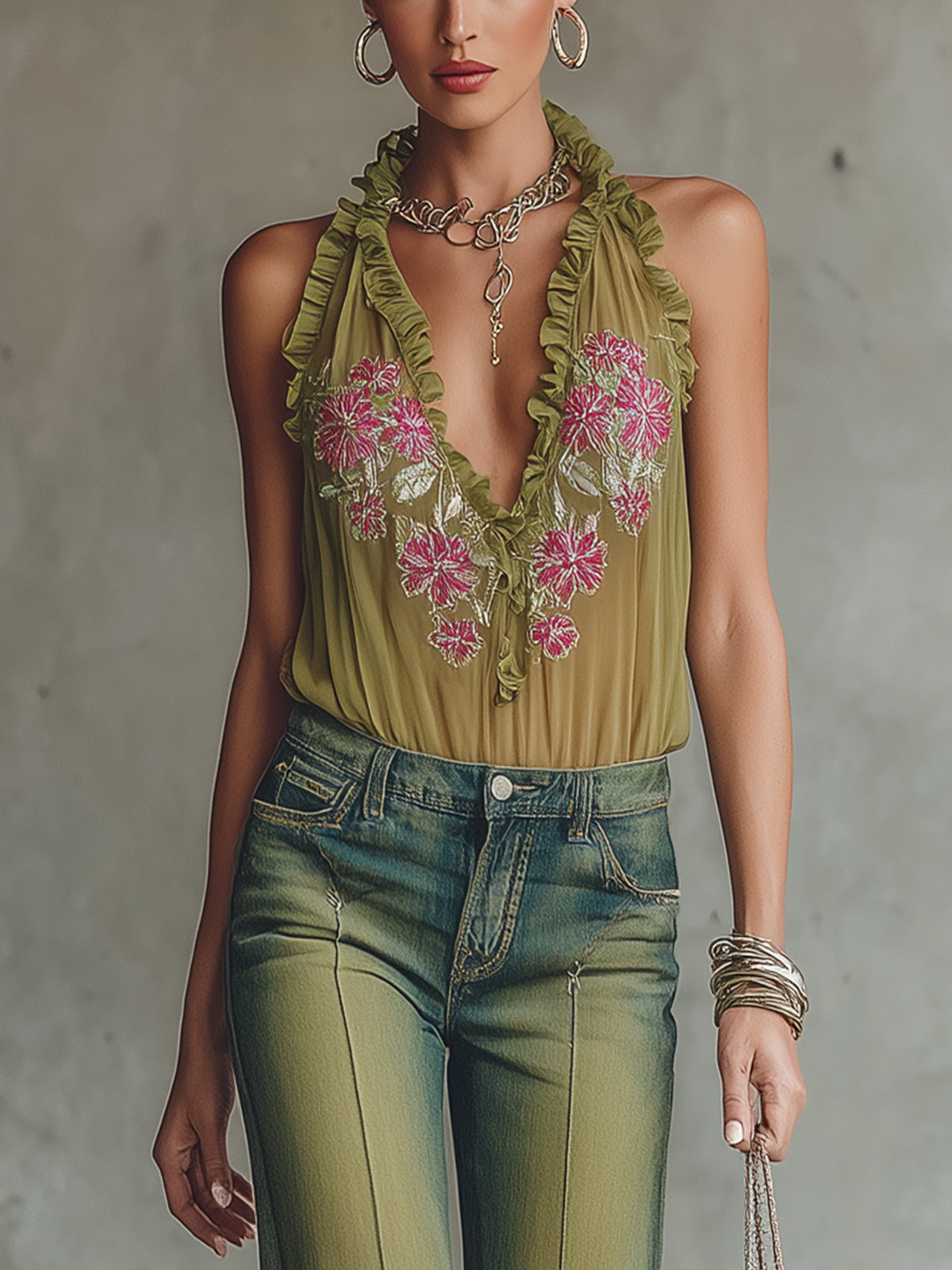 Olive Green Ruffled Halter Blouse With Floral Embroidery