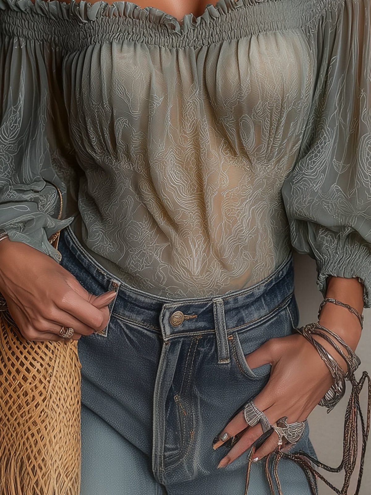 Green Sheer Off-Shoulder Floral Chiffon Blouse