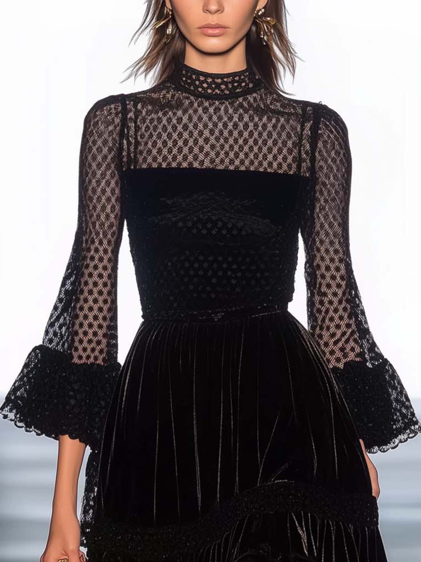 Black Velvet Mini Dress With Stylish Mesh Stitching