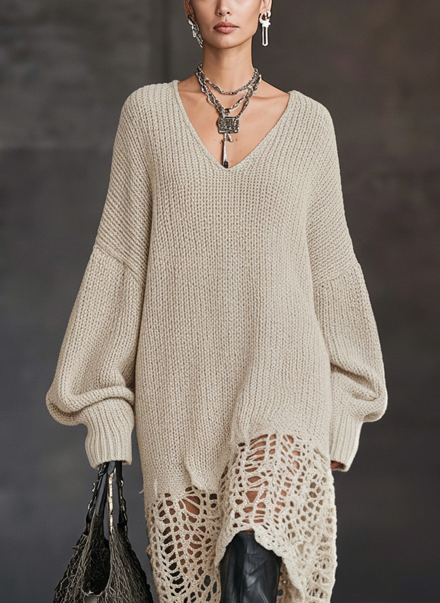 Charcoal Gray V-Neck Knit Mesh Long Sleeve Midi Dress