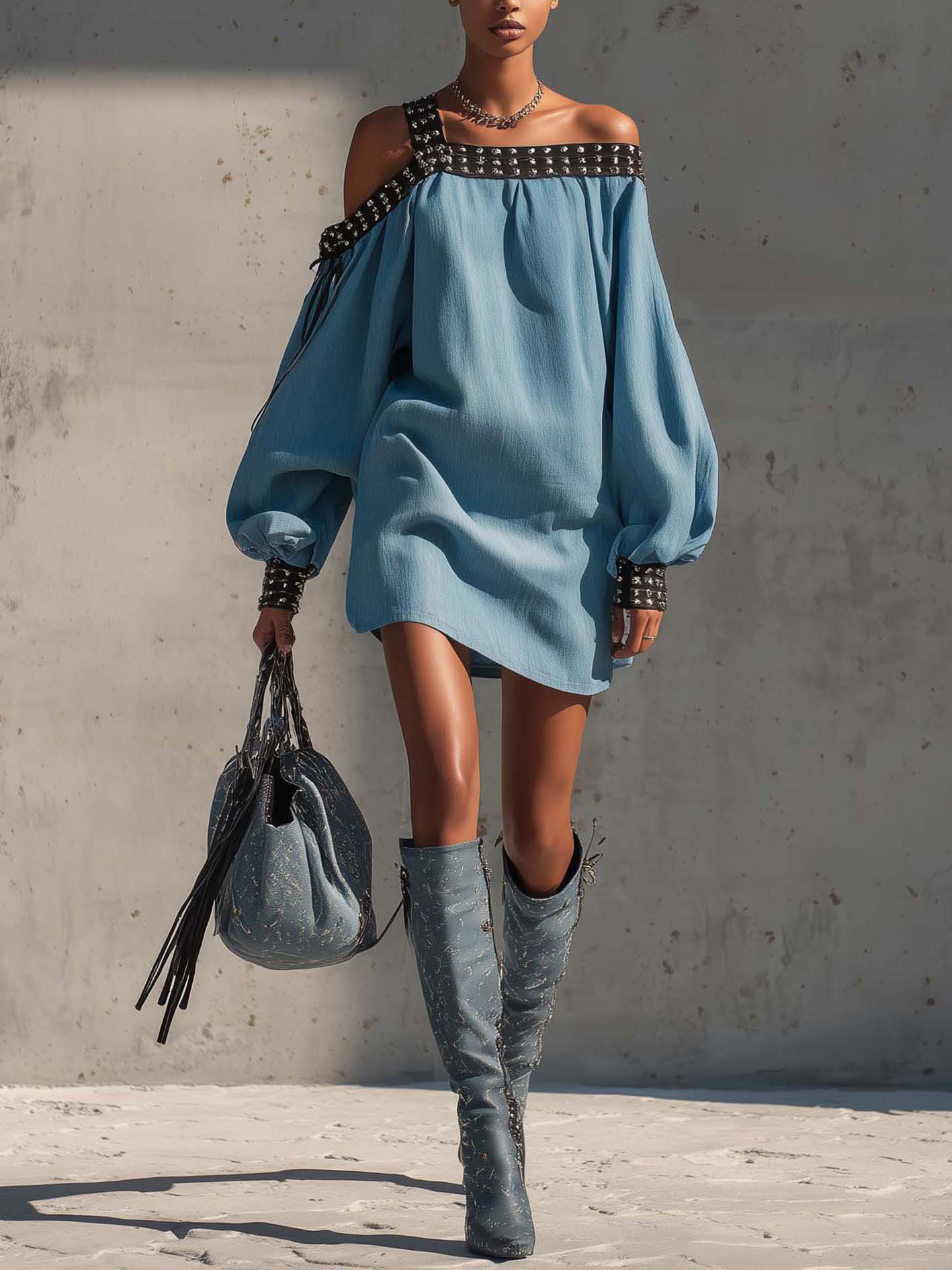 Blue Studded Strap Off Shoulder Loose Mini Dress