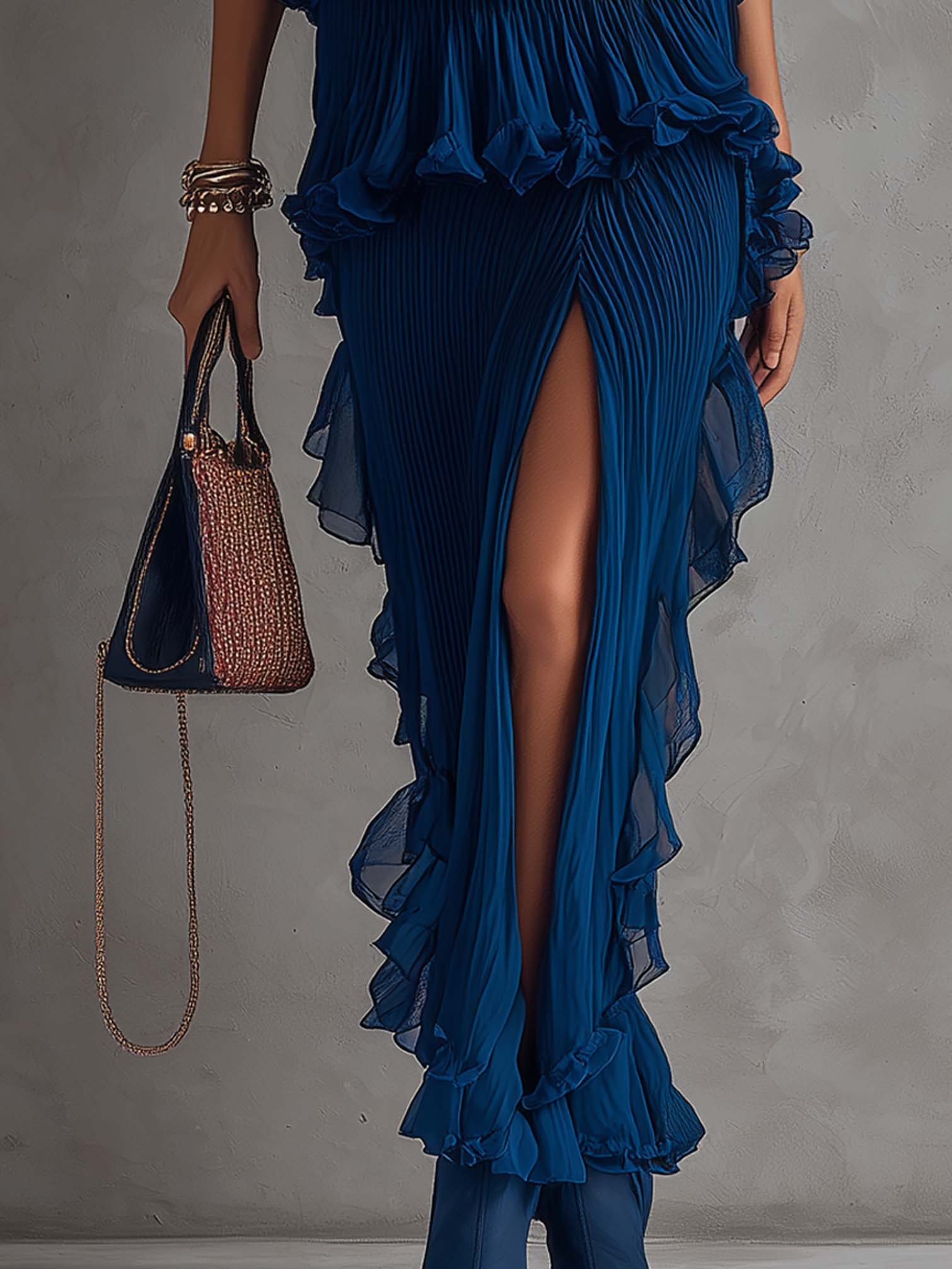 Deep Blue Pleated Ruffle Halter Chiffon Maxi Dress With Side Slit