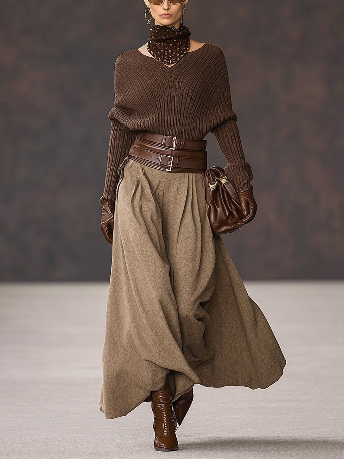 Chocolate Knit Top And Woolen Maxi Skirt Set With Belt
