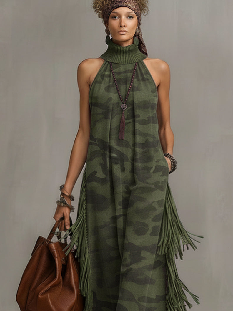 Vintage Green Camo Sleeveless Fringe Maxi Dress