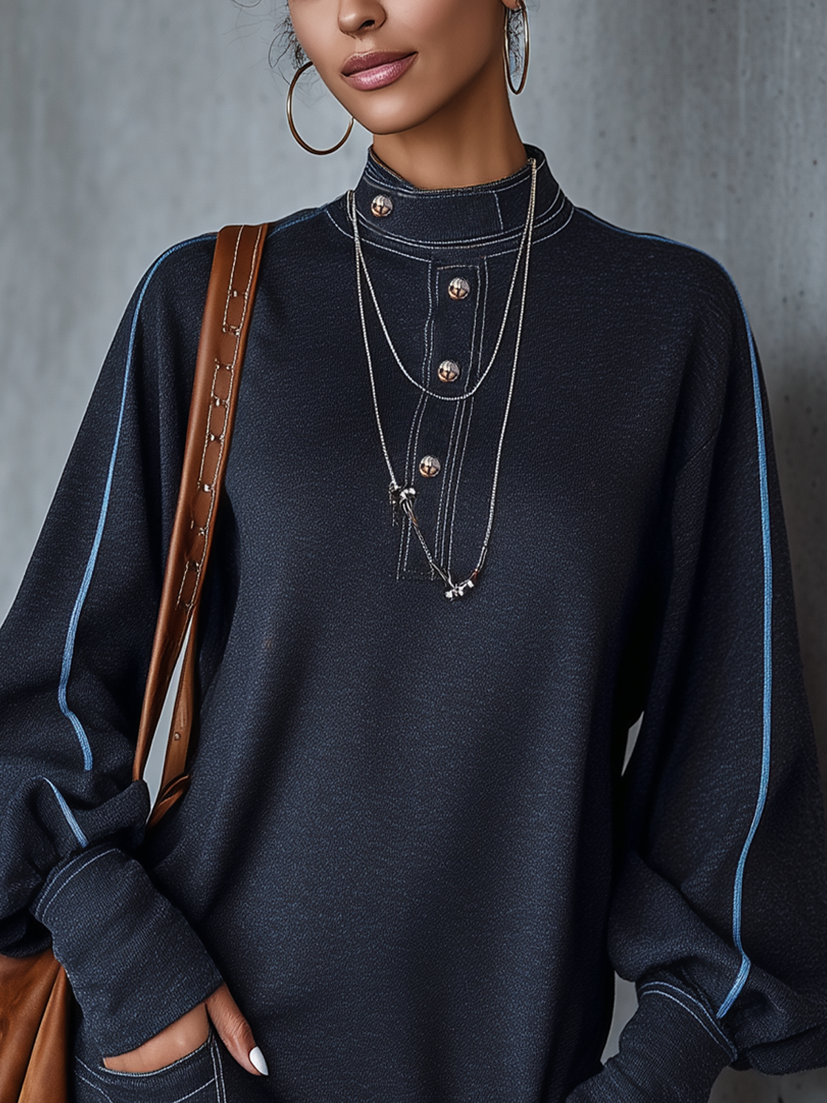 Dark Gray Sweatshirt Fabric Mini Dress With Contrasting Trim And Stand-up Collar