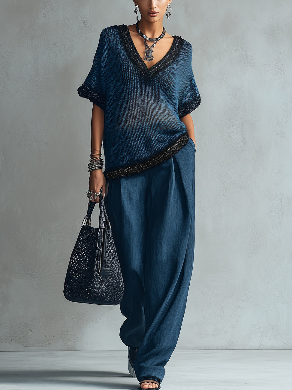 Navy V-Neck Lace Trim Knit Top And Linen Wide-Leg Pants Set
