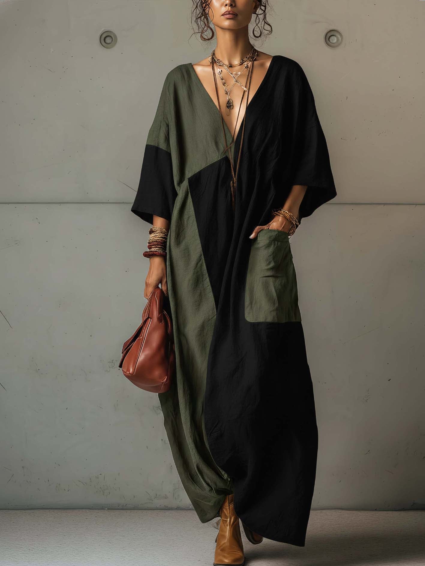 Colorblock Army Green Black Cotton Linen V-Neck Maxi Dress