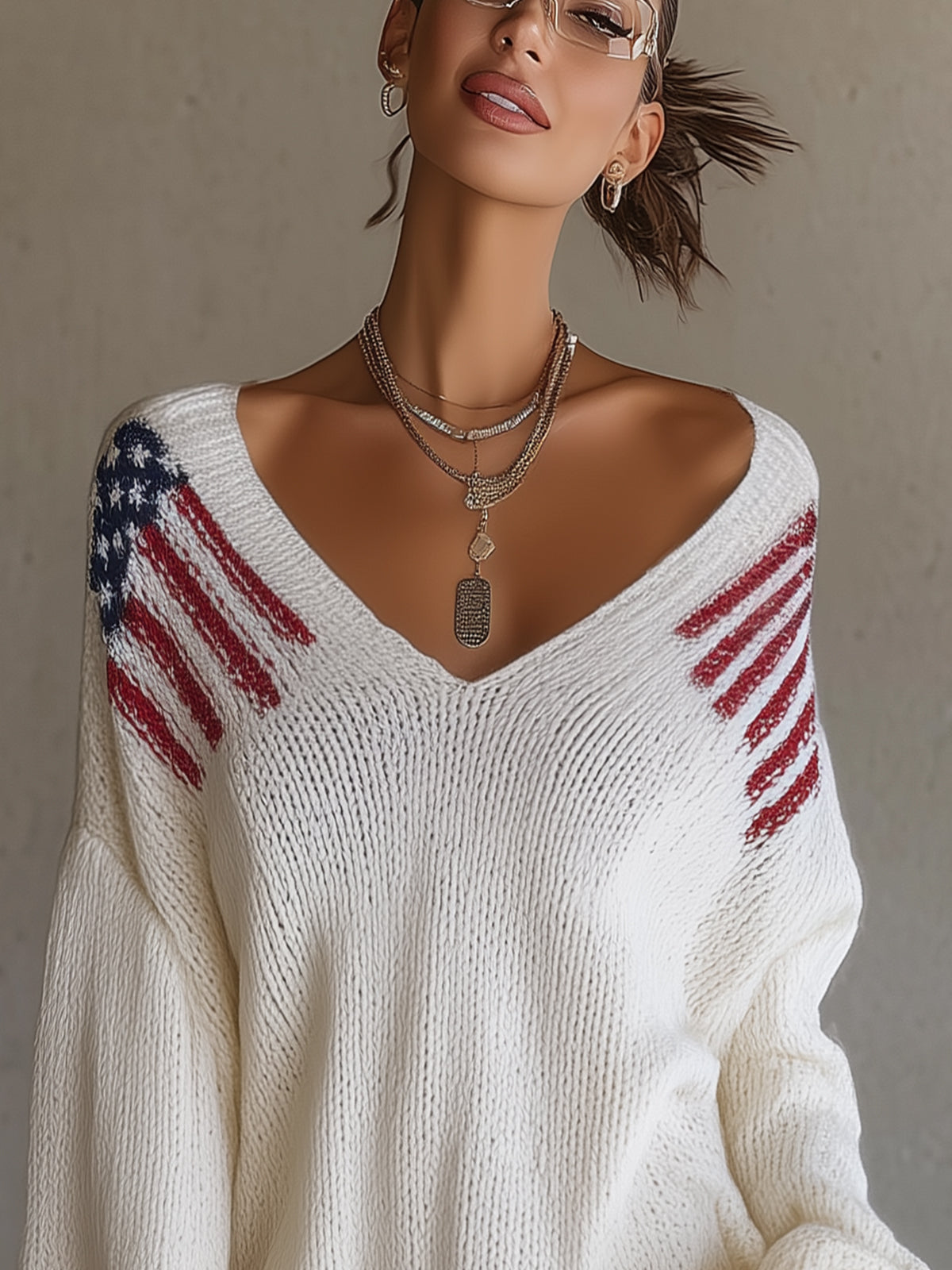 White Oversized V-Neck Sweater With Flag Shoulder Detail