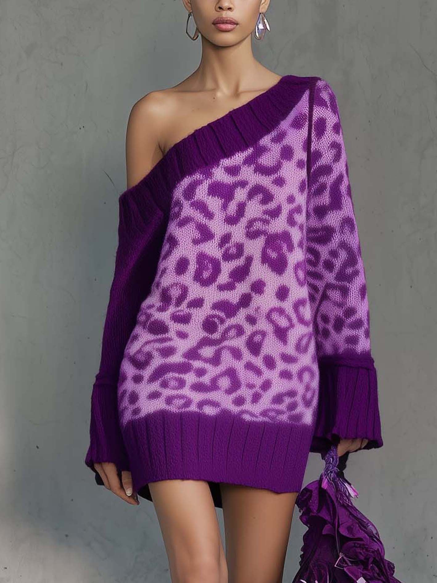 One Shoulder Purple Knit Mini Dress With Leopard Print