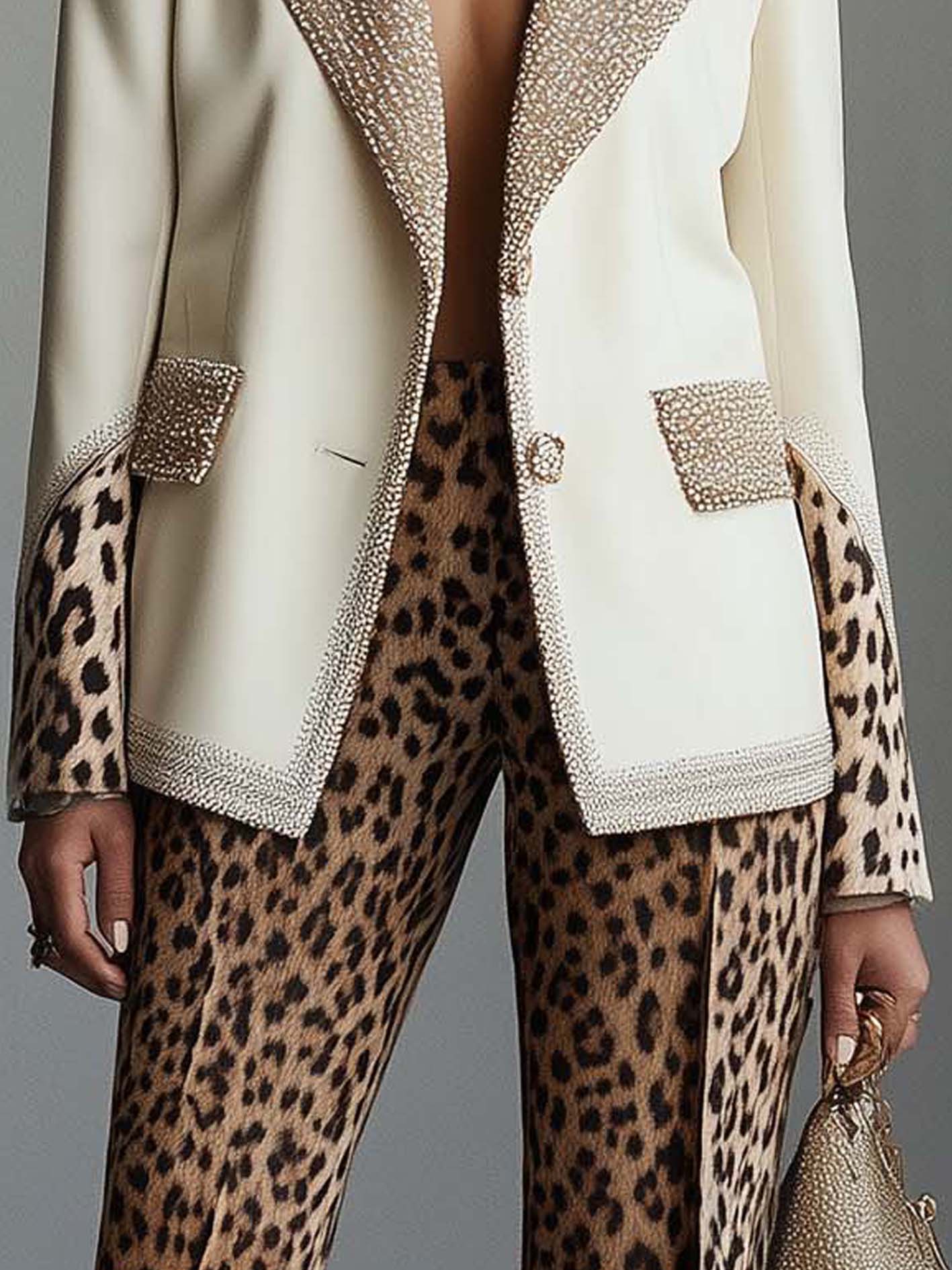 Beige Blazer With Champagne Gold Glitter Ribbon And Leopard Print