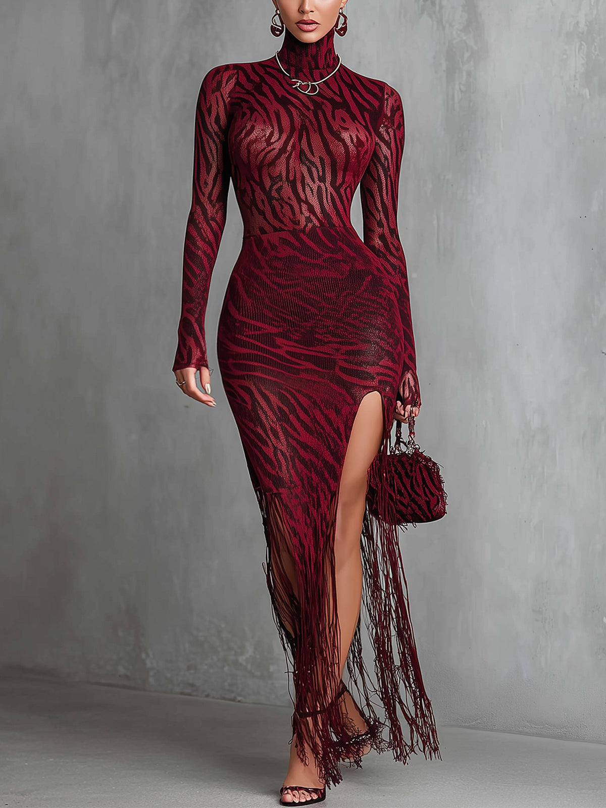 Burgundy Zebra Print Knitted Turtleneck Fringe Bodycon Dress