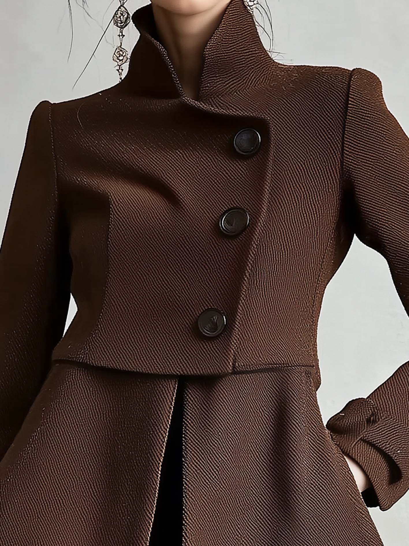 Brown Stand-up Collar Jacket With Stylish Double-breasted Buttons