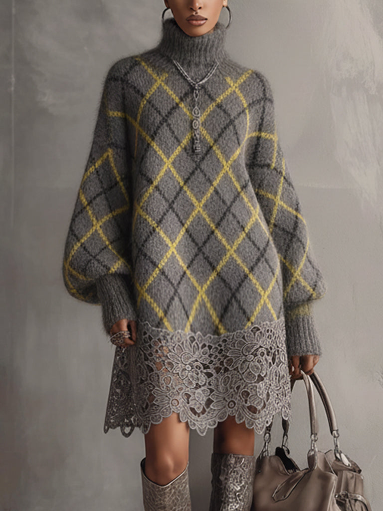 Gray Plaid Mohair Long Sleeve Mini Dress With Lace Hem