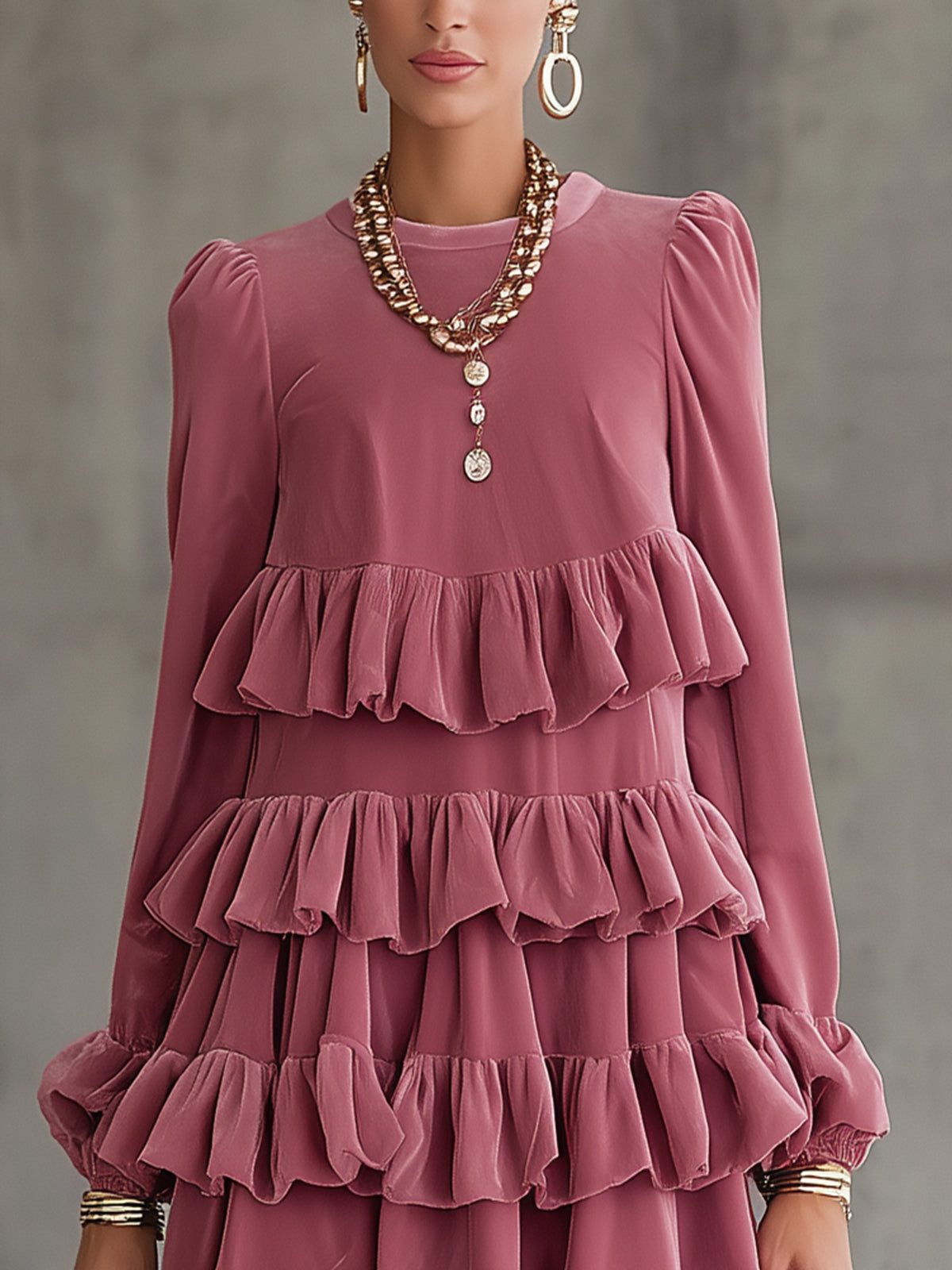 Rose Tiered Ruffle Velvet Mini Dress With Long Sleeves