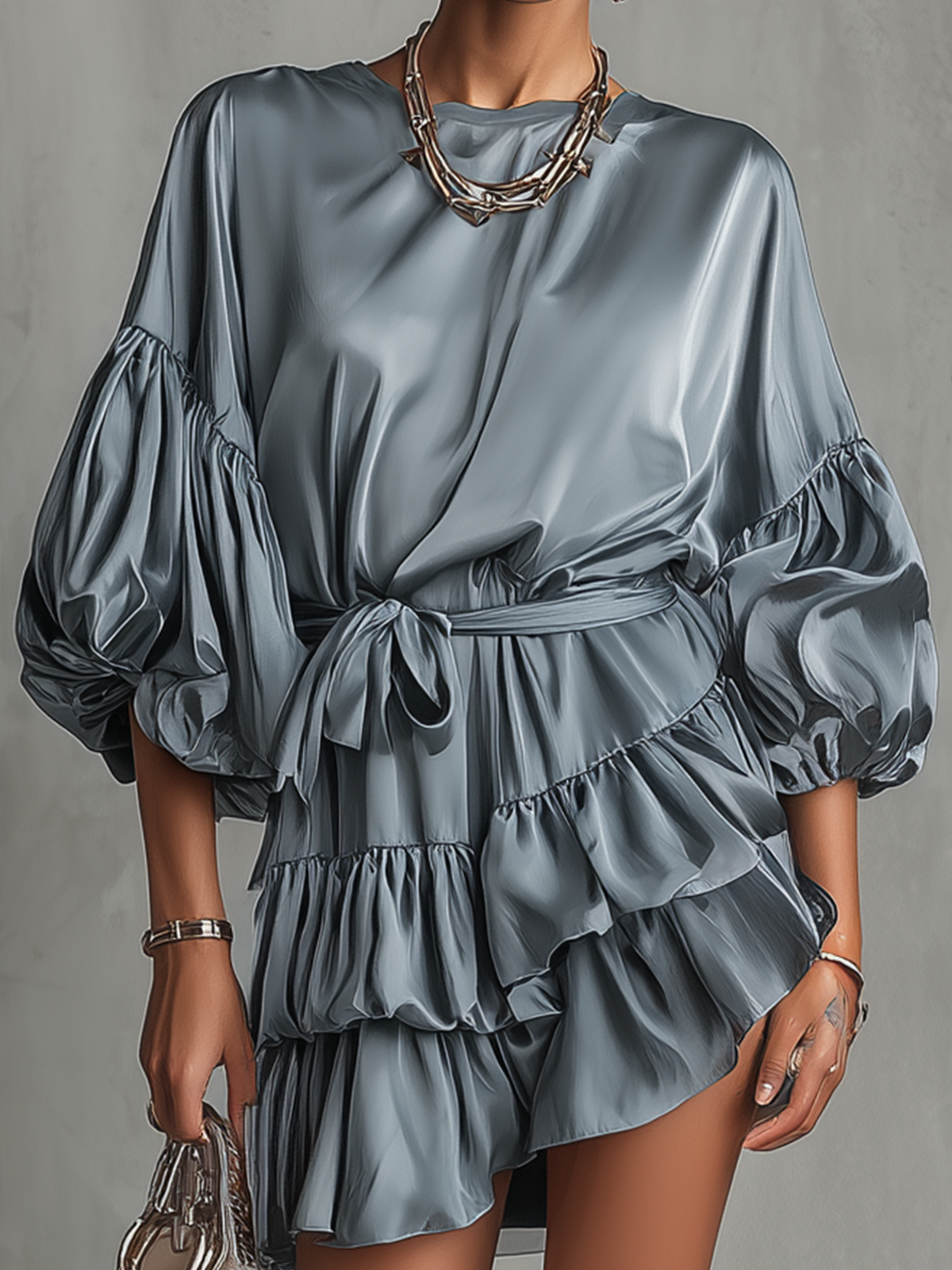 Blue Satin Ruffled Belted Balloon-Sleeve Mini Dress