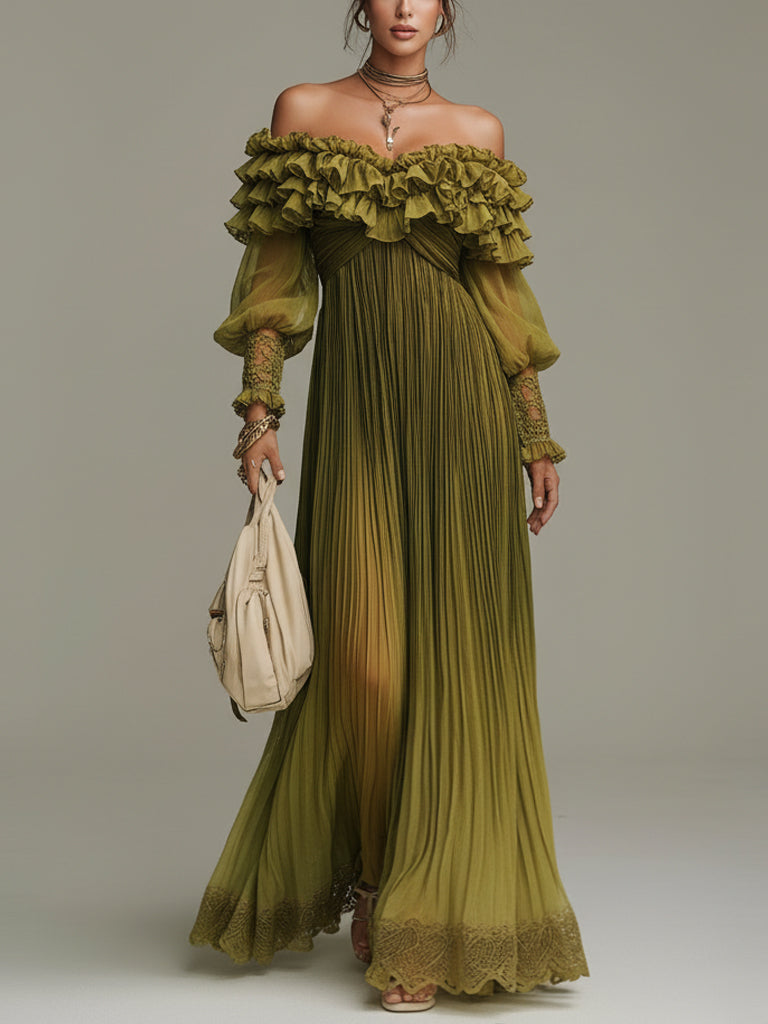 Olive Pleated Off Shoulder Chiffon Maxi Dress