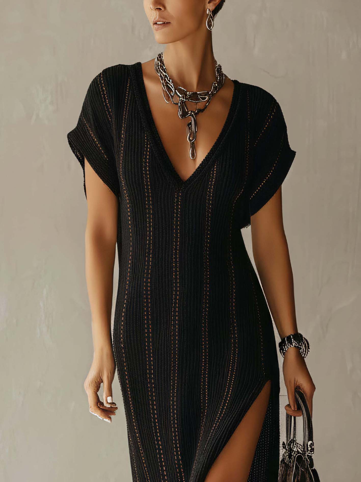 Black Textured Knit Maxi Dress With Vertical Hollow Stripes And Side Slit
