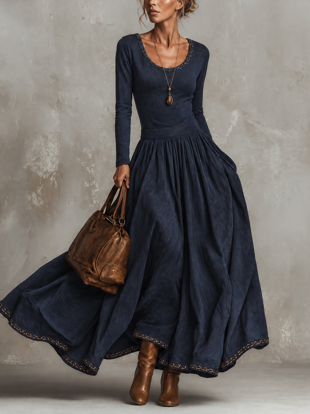 Navy Shimmer Knit Faux Suede Patchwork Maxi Dress