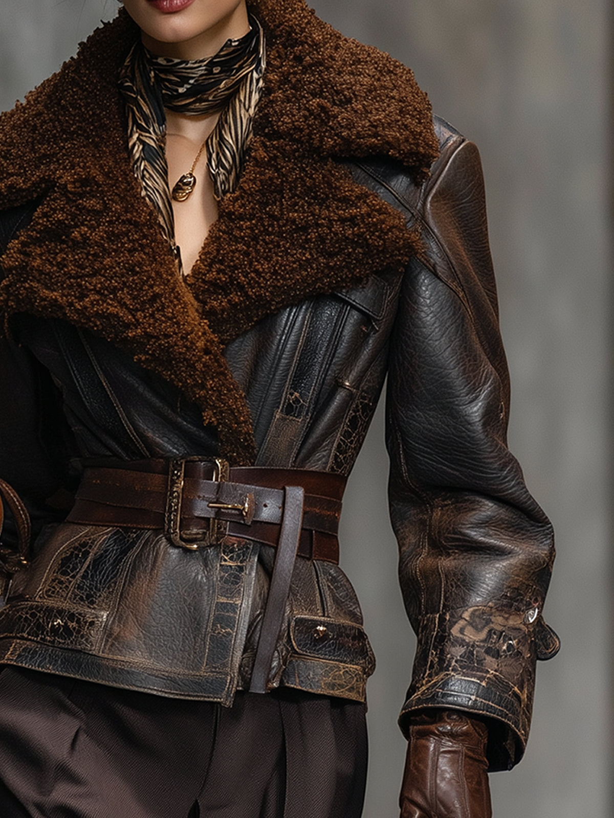 Brown Vintage Distressed Fleece Collar Leather Jacket