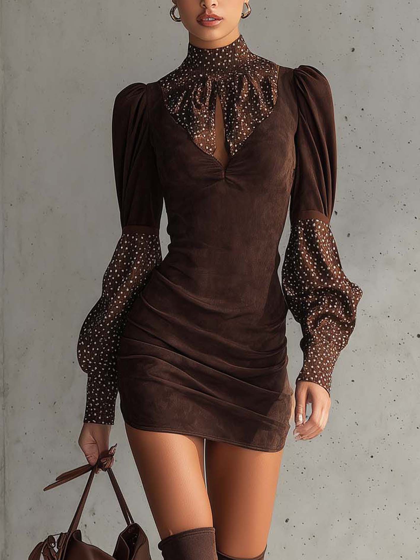 Brown Faux Suede Bodycon Dress With Satin Polka Dots