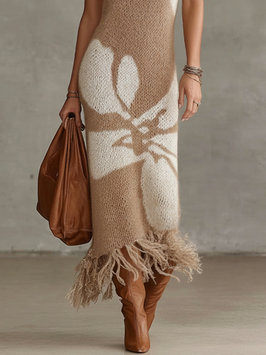 Khaki Petal Silhouette Knit Sleeveless Turtleneck Fringe Dress