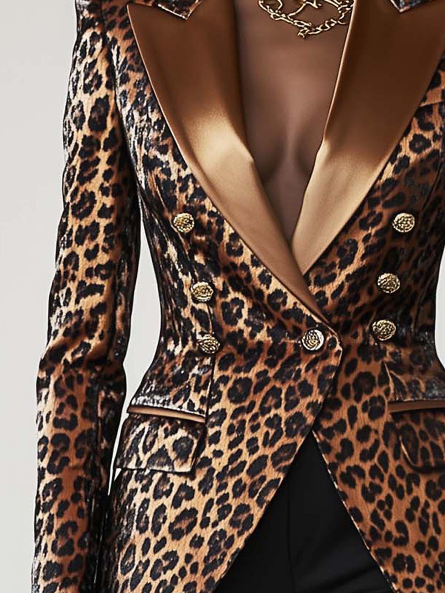 Double-breasted Brown Satin Blazer With Leopard Print