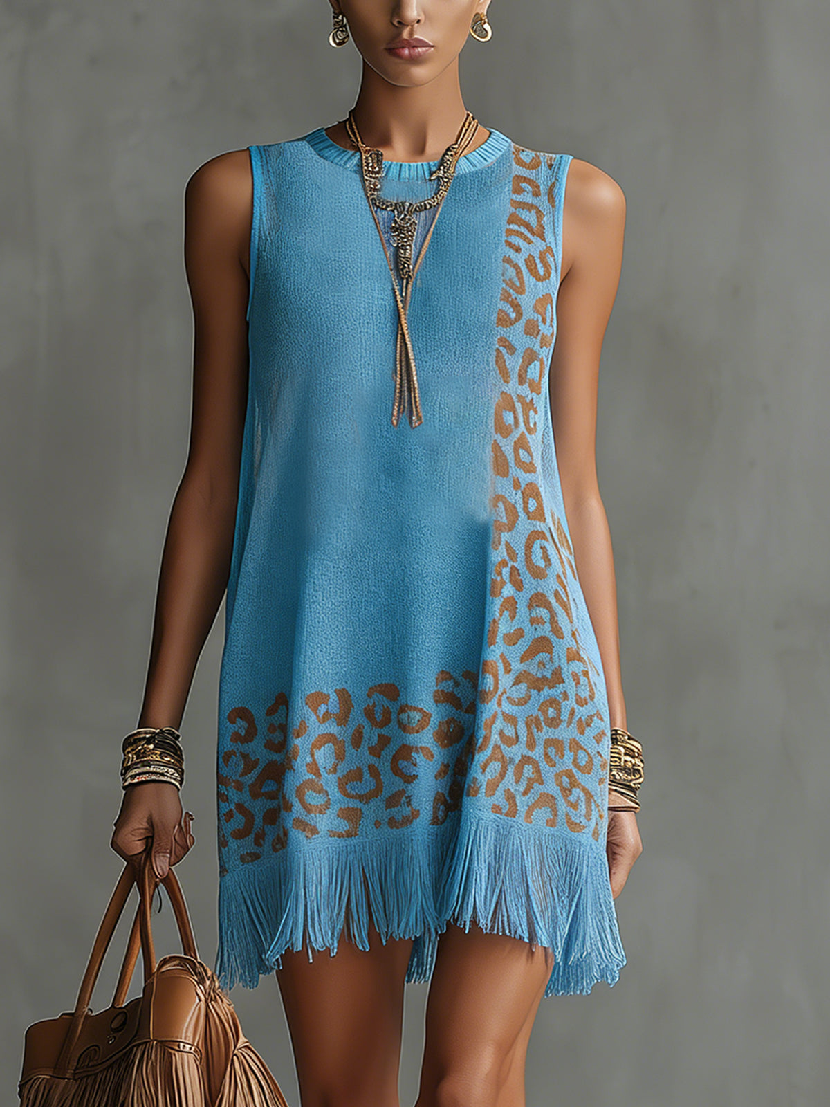 Blue Knit Fringe Mini Dress With Leopard Print Panels