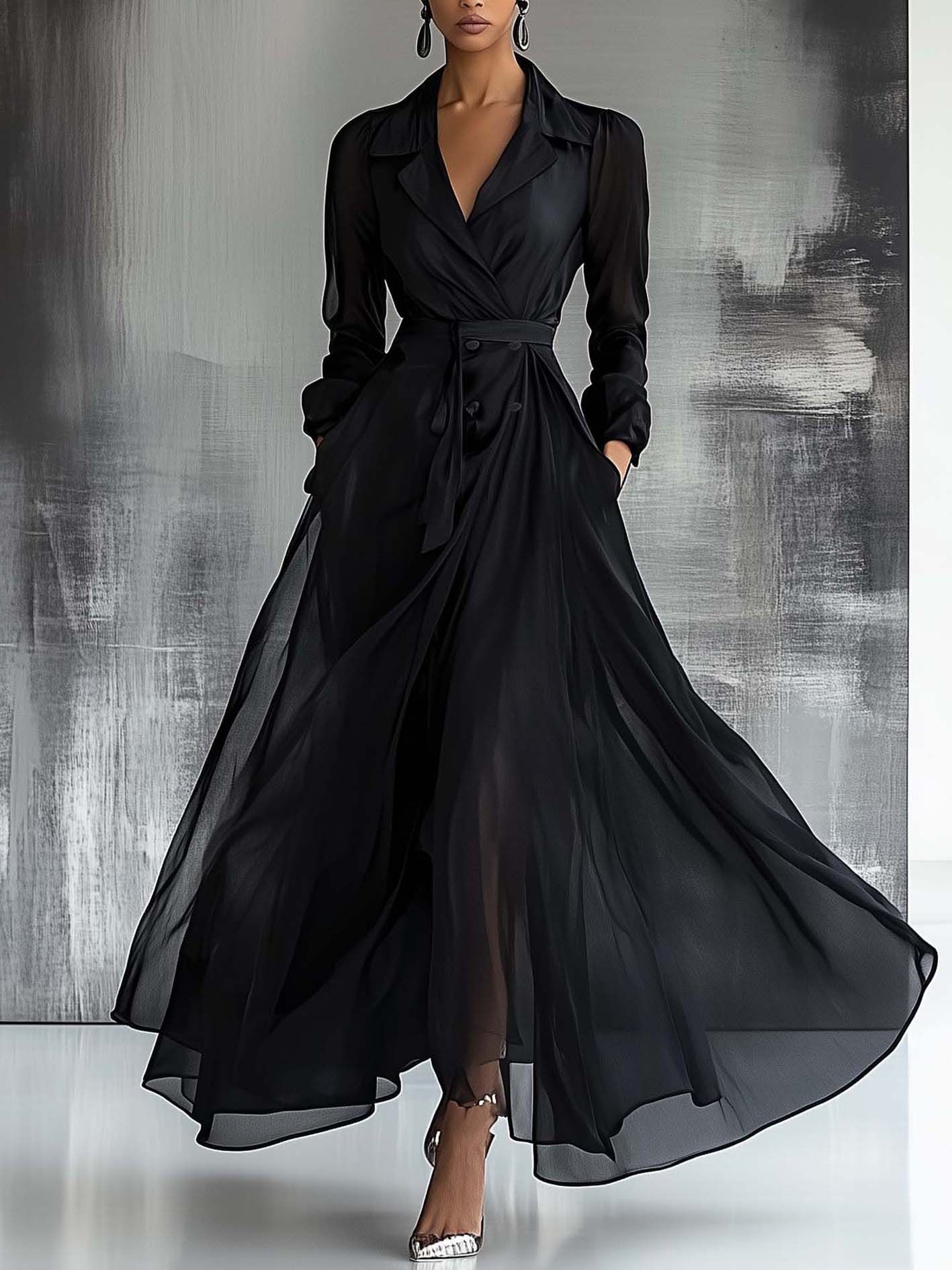 Black Chiffon Maxi Dress With Double-breasted Buttons And Belt