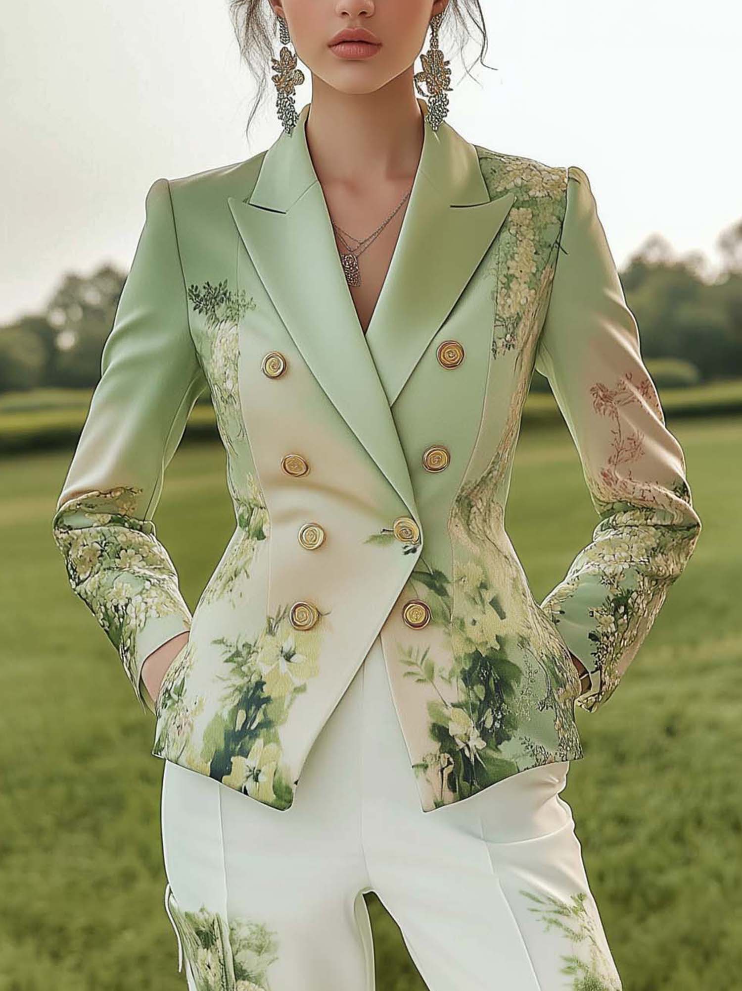 Green Blazer With Green Flowers And Gradient