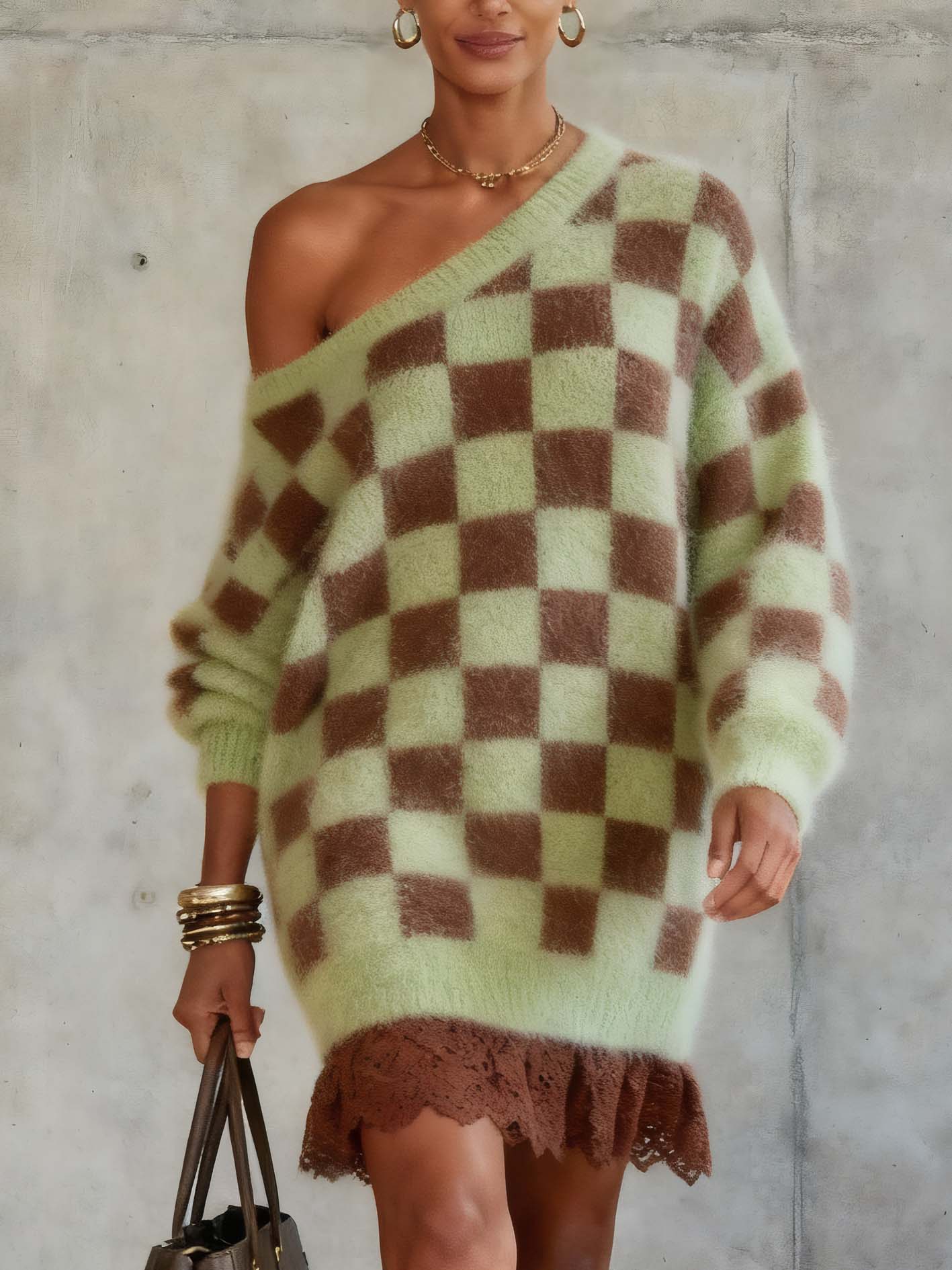 One Shoulder Plaid Light Green Mohair Knitted Mini Dress