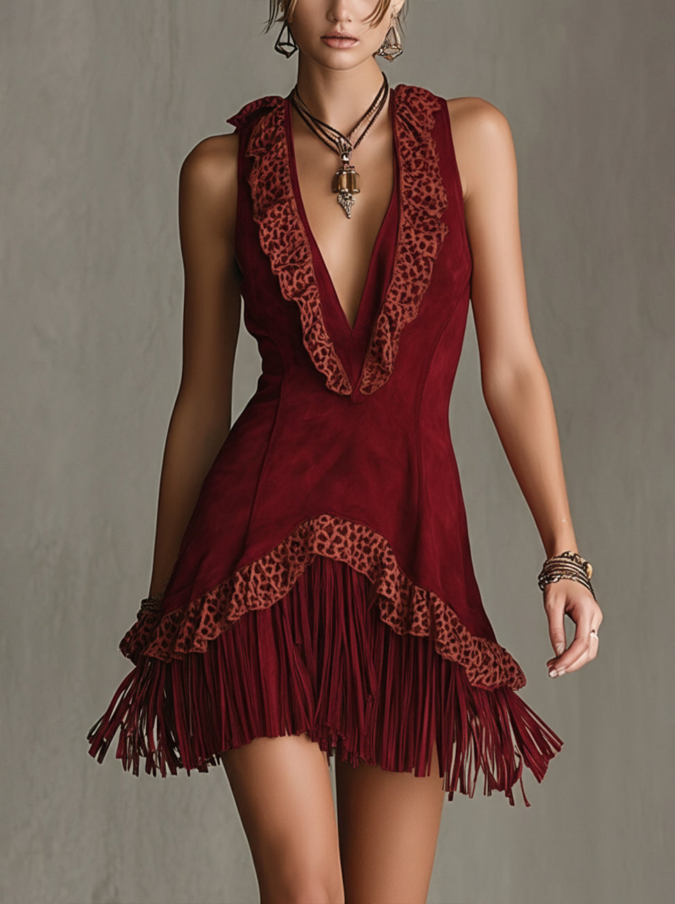 Red Halter Faux Suede Mini Dress With Leopard Trim And Fringe Hem