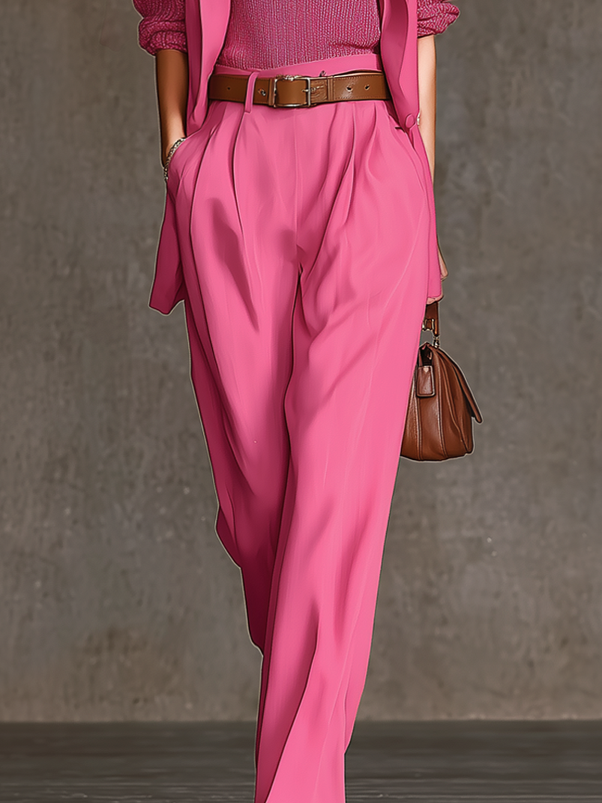 Pink Woven V-neck Puff-sleeved Pleated Loose-fitting Suit